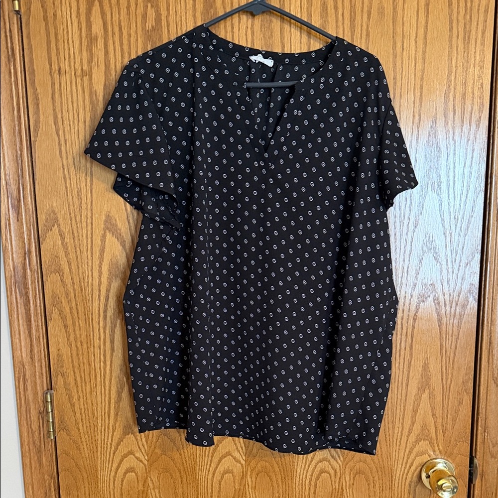 Maurices Black Short Sleeve Blouse with Small White Dot Print